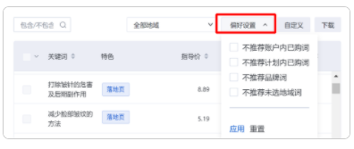 关键词规划师中的偏好设置功能，提供了多样化的偏好设置，可以帮助您精细控制推荐关键词范围，详见营销中心《关键词推荐和优化工具》-关键词规划师产品介绍。