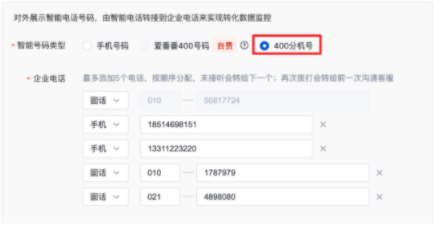 进入营销通，点击“电话”进行400分机号配置，如下所示：