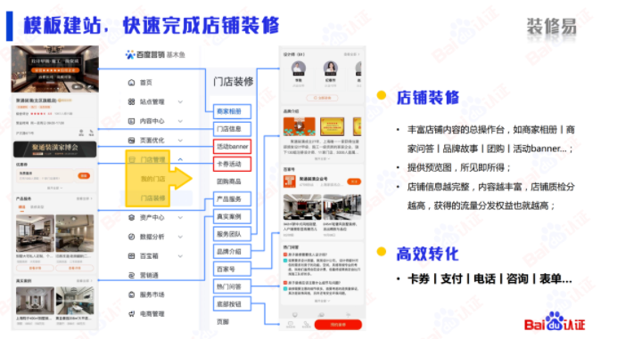 本地商家在基木鱼后端可以通过模板轻松建站，快速完成店铺装修，如设置商家相册、商家问答、品牌故事、团购、活动banner等等。店铺信息越完整，内容越丰富，店铺质检分越高，获得的流量分发权益也就越高。